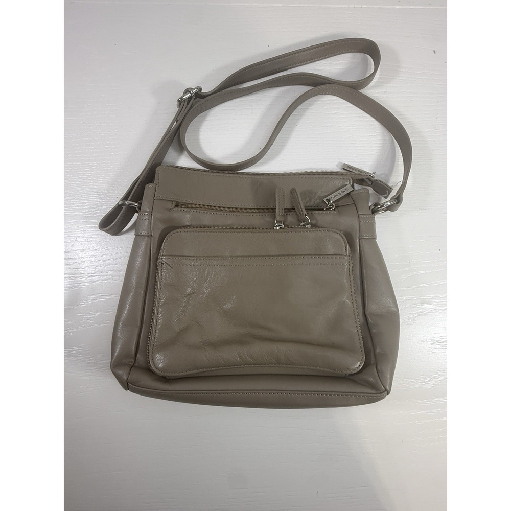 Giani Bernini Leather Crossbody Shoulder Bag Purse Taupe Beige Multi Pocket